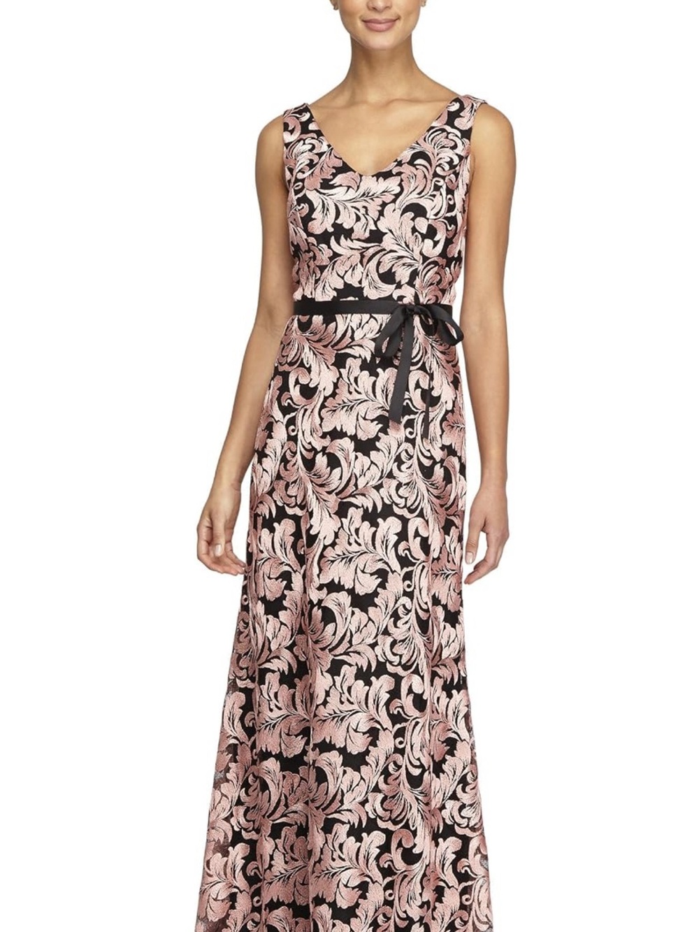 Alex Evenings Black and Pink Floral Jacquard V-Neck Maxi Dress with Waist Tie